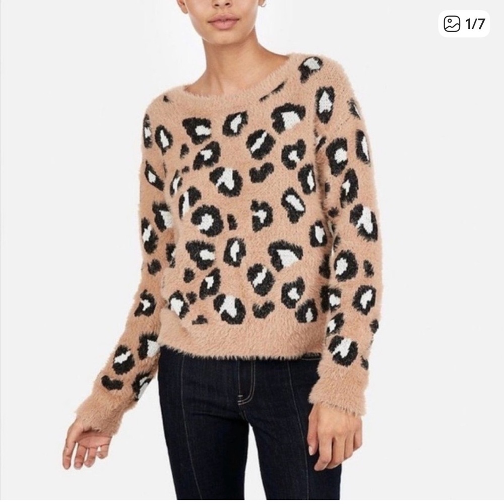 Express Leopard Print Fuzzy Sweater - Beige and Black